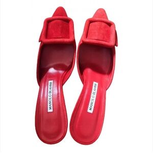 Manolo Blahnik Maysale Red Suede Buckle Mules 70mm Heels Women’s EU-36/US-6 NWB‌